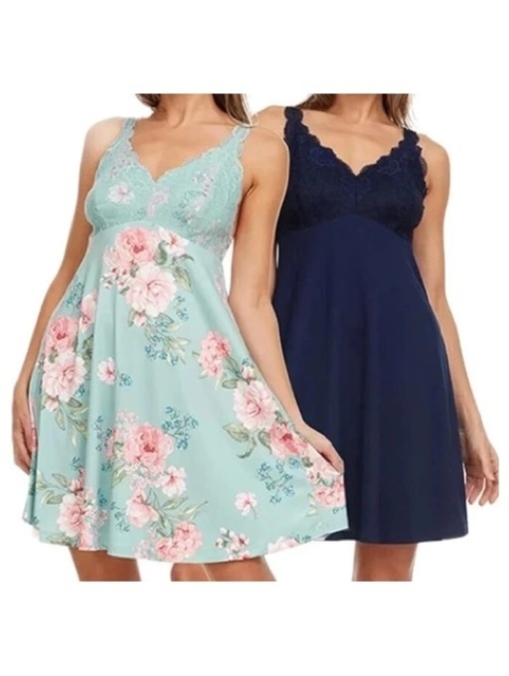 Flora Nikrooz Chemise Gown L womens navy blue & mint green floral 2pk new soft